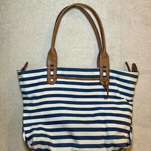 Striped Blue and White Tote Bag with Brown Accents Stella & Dot